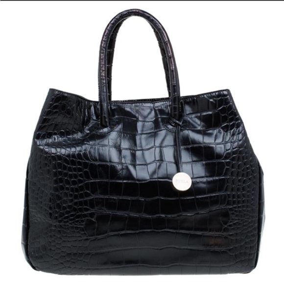 Furla Black Croc-Embossed Leather Double Handle Tote - Picture 1 of 13